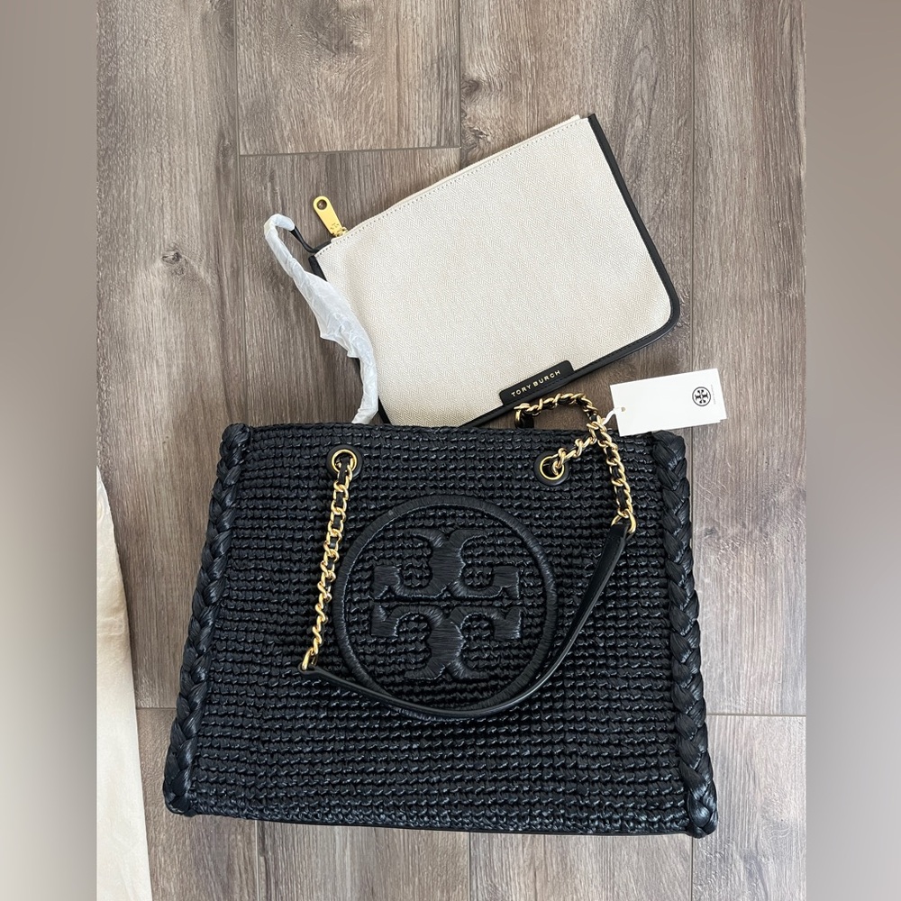 BNWT HP🌹 Tory Burch Black Woven Tote with TB Dust Bag - Picture 4 of 8